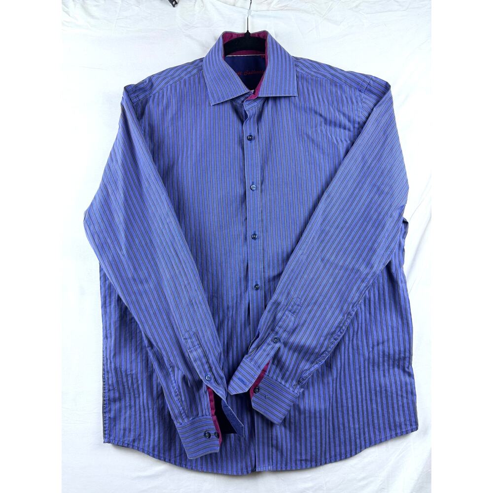 Report Collection Blue Striped 100% Cotton Long Sleeve Button Up - Large